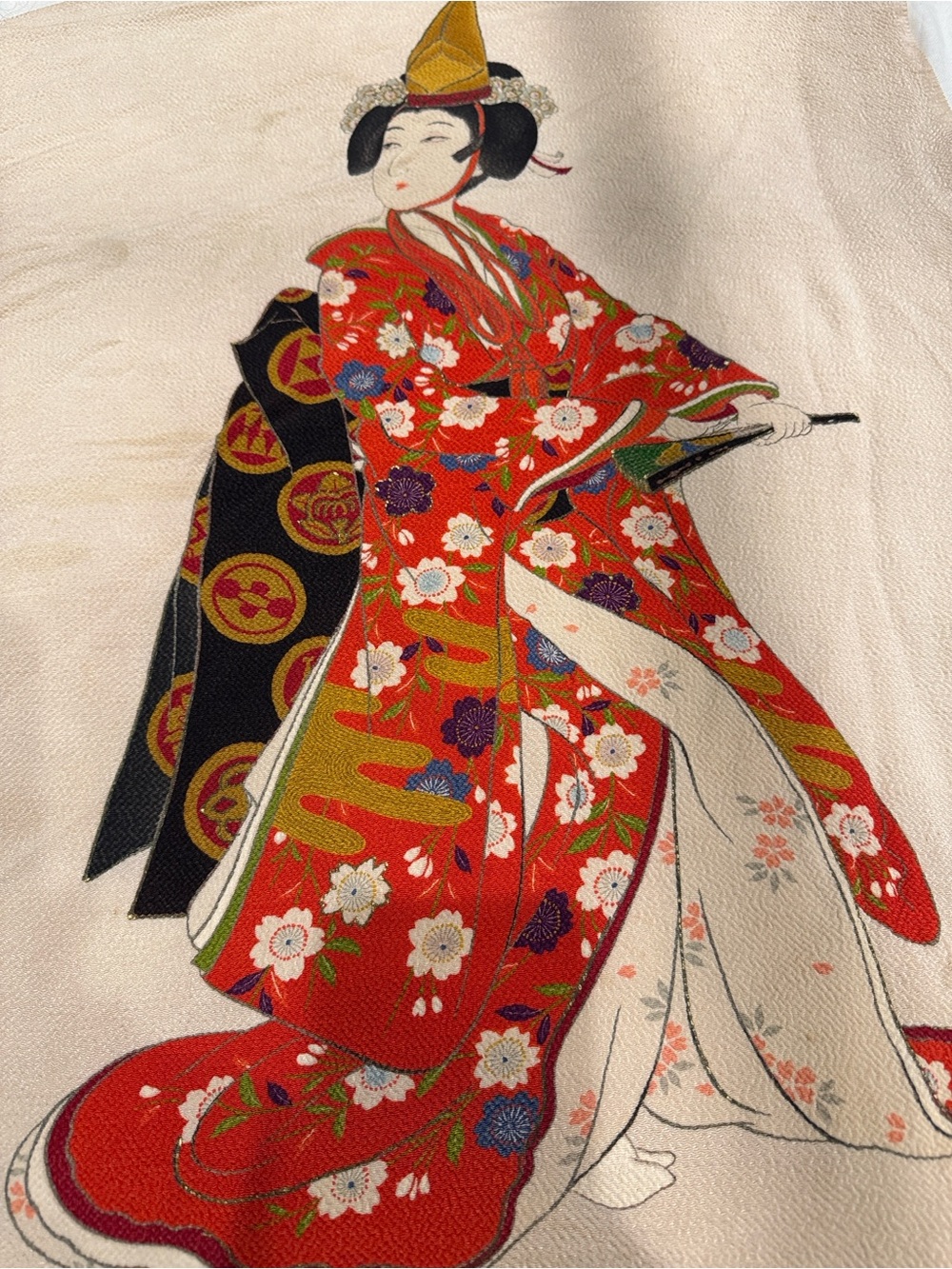Vintage Japanese silk crepe scarf featuring a Traditional Geisha/Kimono